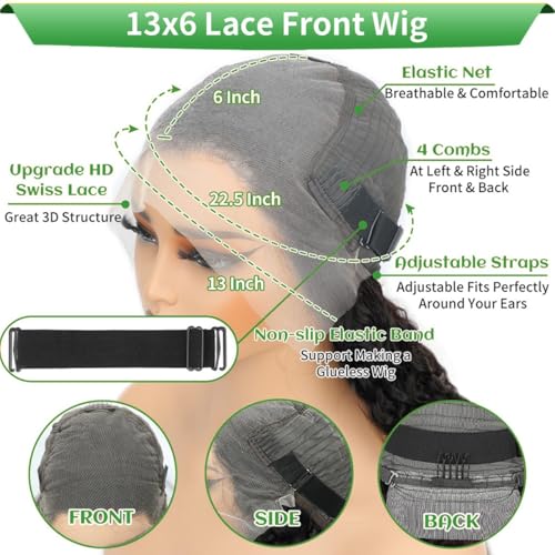 13x6 Deep Wave Lace Front Wigs Human Hair 200 Density Pre Plucked HD Lace Brazilian Virgin Curly Human Hair Wig Wet and Wavy Water Wave Lace Frontal Wigs for Women Natura Black 22 Inch Deep Wave Wig