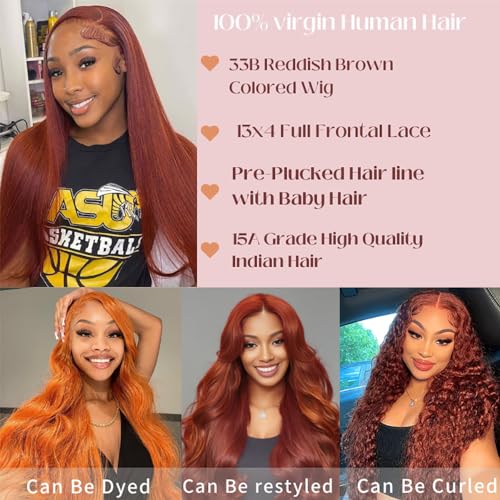 Reddish Brown Lace Front Wigs Human Hair 28 Inch Straight Auburn Brown Lace Wig Human Hair Colored Wigs Pre Plucked Glueless 13x4 HD Transparent Lace Full Fontal Human Hair Wig for Women 180 Density