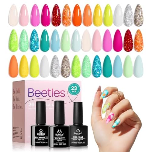 Beetles Gel Nail Polish Set, 20 Colors Neon Hot Pink Glitter Yellow Orange Blue Pastel Gel Nail Polish Kit Base Glossy & Matte Top Coat Rainbow Nail Gift for Women Diva of Divas