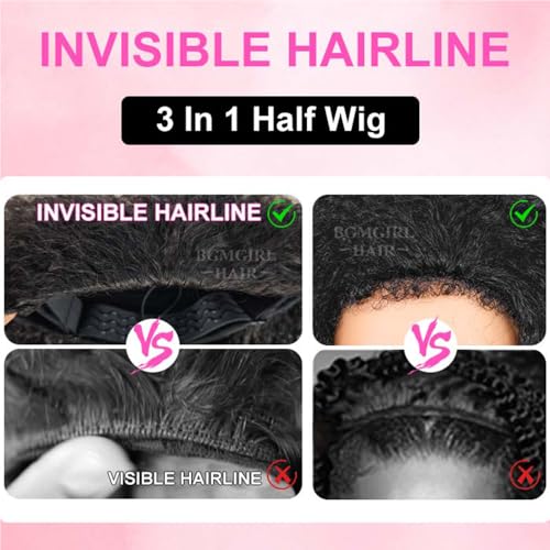 BGM GIRL Half Wig Human Hair Kinky Curly 3 in 1 Wigs Beginner Friendly Flip Over Drawstring Glueless Wig Kinky Curly Ready to Go Seamless Clip in Wigs Natural Black Color 16 Inch