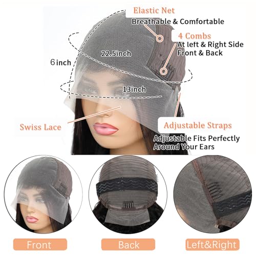 220% Density 13x6 Lace Front Wigs Human Hair 32 Inch Real Human Hair Wig 12A Body Wave HD Lace Frontal Wigs Pre Plucked Virgin Natural Black Human Hair Wig Invisilbe Hairline Tiny Knots for Women