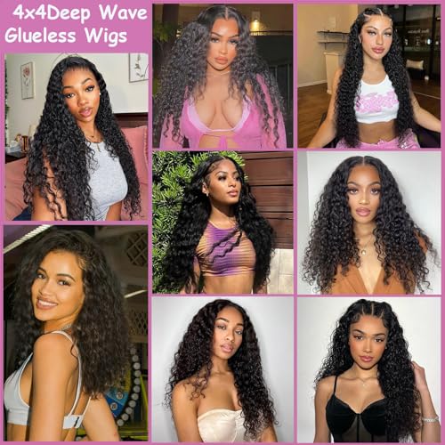Wear And Go Glueless Wigs Human Hair Pre Plucked Pre Cut Lace Deep Curly Human Hair Wigs For Black Women 4x4 Closure Wigs Human Hair Reay To Wear Glueless Wig For Beginners 150% Density (28inch)