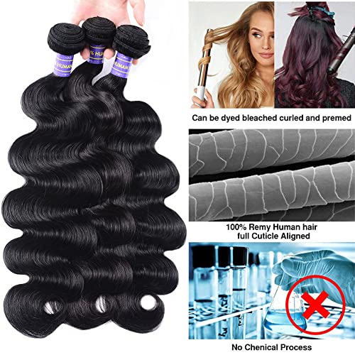 Human Hair Bundles with Closure (22 24 26+20£¬Free Part) Body Wave Bundles with Lace Closure Brazilian Human Hair Weave Virgin Hair Weft 150% Density Natural Color for Black Women
