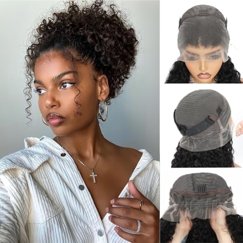 360 Full Lace Human Hair Wig with Drawstring Deep Wave 360 Lace Front Wigs Human Hair Hidden Strap Frontal Wigs for Women 200% Density Natural Black 20 Inch