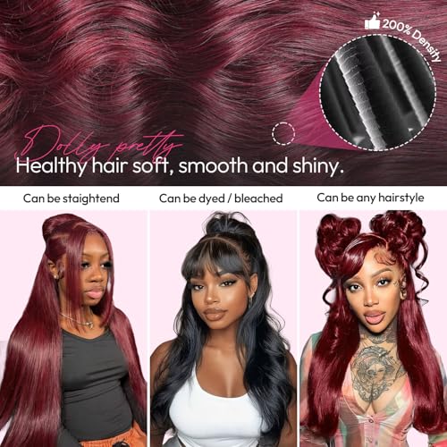 34 Inch 13x6 99j Burgundy Wig Human Hair 200 Density Hd Body Wave Lace Front Glueless Red Wigs Human Hair