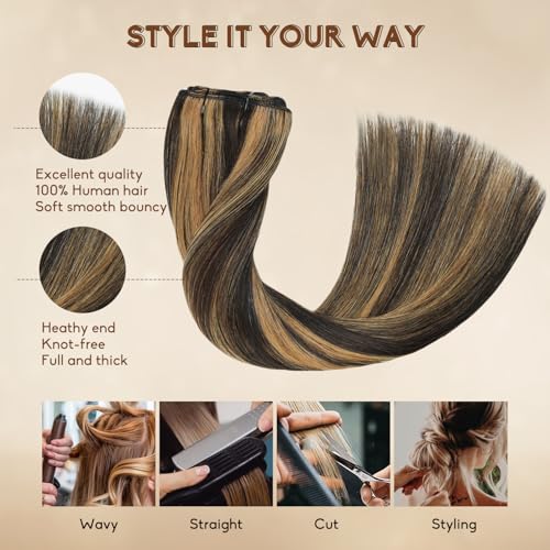 Clip in Hair Extensions Real Human Hair 16inch 8pcs 90g Seamless Balayage Dark Brown Hair Extensions Clip Ins Double Weft Dark Brown Highlight Chestnut Brown Invisible Straight Remy Human Hair