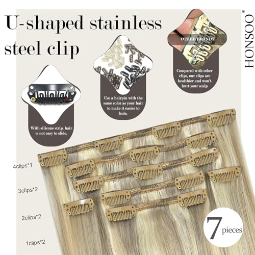 Honsoo Blonde Human Hair Clip In Extensions Mixed Bleach Blonde Highlights Clip In Hair Extensions Real Human Hair 115g 22in 7pcs No Tangles Long Hair