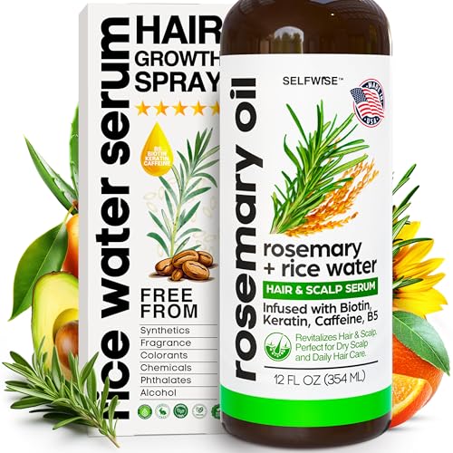Rosemary Oil and Rice Water Hair Growth Spray - Serum with Biotin, Keratin, Caffeine, Vitamins C & B5 for Hair Mask, Hair Care, Scalp Treatment, Thickening Dry Damaged Hair for Women & Men 12oz