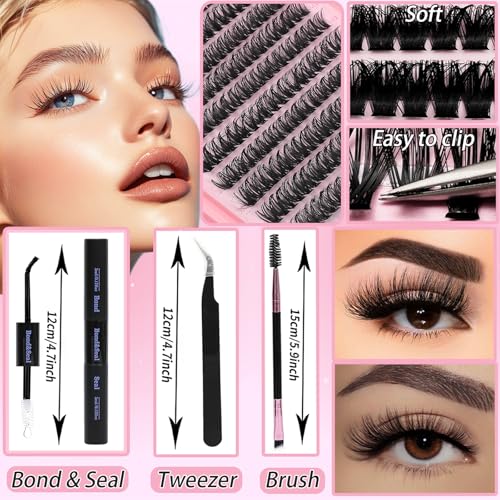 Lash Clusters Kit, Eyelash Clusters Individual Lash Extension Kit 480 Pcs D Curl Fluffy Wispy False Eyelashes Extensions Thin Band with Bond Seal Tweezers Brush Removers (30D+40D KIT 9-16mm)