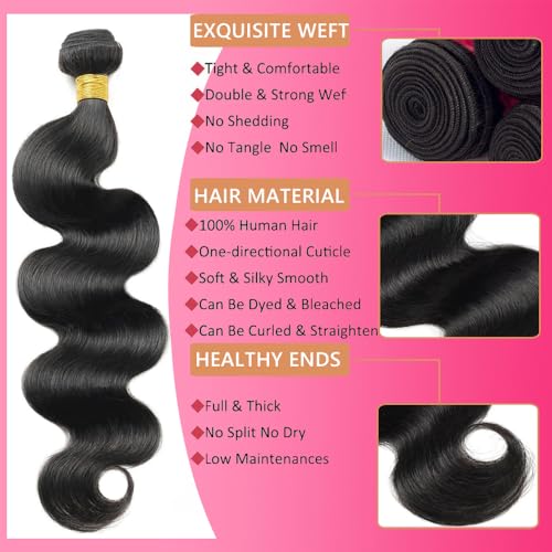 Body Wave Bundles Human Hair 22 24 26 Inch 3 Bundles 12A Brazilian Hair Bundles 100% Unprocessed Brazilian Body Wave Human Hair Bundles Natural Black Glossy Hair Bundles