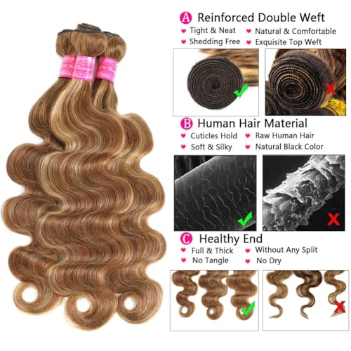12A Highlight Body Wave Bundles Human Hair 100% Unprocessed Brazilian Virgin Hair Honey Blonde Ombre Wet and Wavy 3 Bundles£¨22 24 26 inch£© for Black Women Double Weft