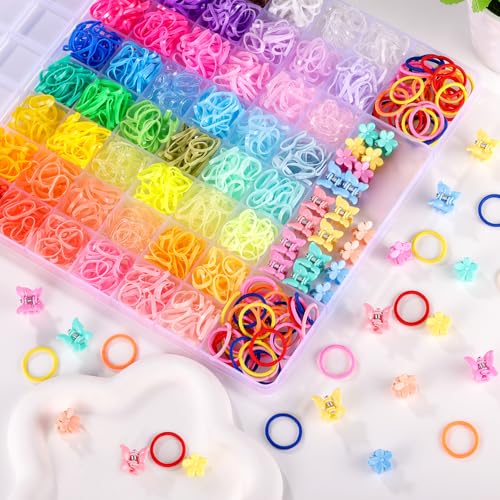 Rubber Bands for Hair, 46 Colors Baby Hair Ties, 2100pcs Colorful Hair Accessories for Girls, Funtopia Small Elastic Hair Ties with Mini Hair Claws Hair Clips for Girls Baby Toddlers Kids
