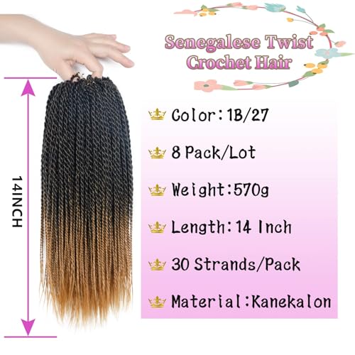 MOSINA Senegalese Twist Crochet Hair 8 Packs Ombre Crochet Braid 14 Inch Crochet Hair For Black Women Professional Synthetic Braiding Hair 30 Strands/Pack (14 Inch, 1B/27)