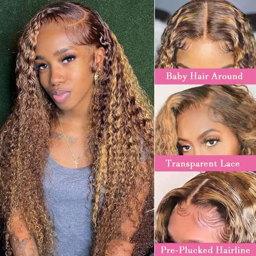 Chesma 30 Inch Highlight Ombre Lace Front Wig Human Hair 13x4 HD Honey Blonde 4/27 Deep Wave Lace Frontal Wig Glueless Wig 180 Density