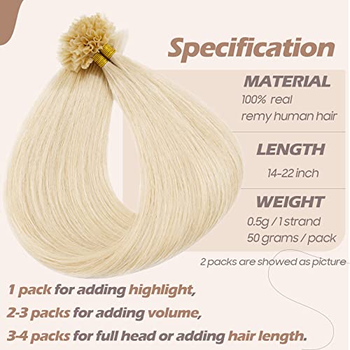 S-noilite U Tip Hair Extensions Human Hair Blonde U Tip Fusion Hair Pre Bonded Nail Tipped Hair Italian Keratin Glue Remy Human Hair Straight 100 Strands/50g 16" (#60 Platinum Blonde)