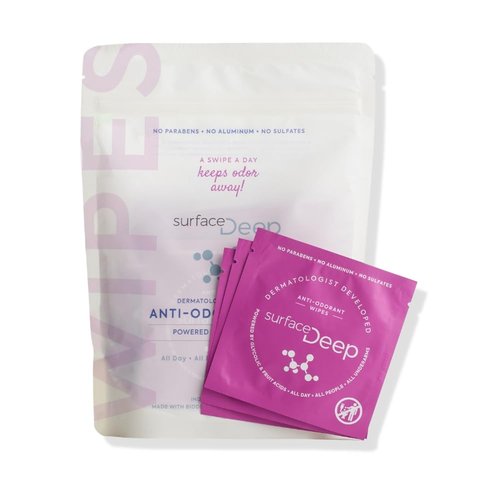 Surface Deep Deodorant Wipes, Dermatologist Developed & Patented, Anti-Odorant Body Wipes, Natural Formula, Travel Friendly Deodorant, Perfect for Travel Women/Men, Individually Wrapped, 30PK