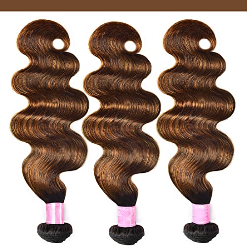 Sunber 12A Ombre Body Wave Human Hair 3 Bundles 100% Brazilian Virgin Human Hair Extensions Brown Highlight Body Wavy Weaves (12 14 16) Inch Piano Color Two Tone FB30 Color