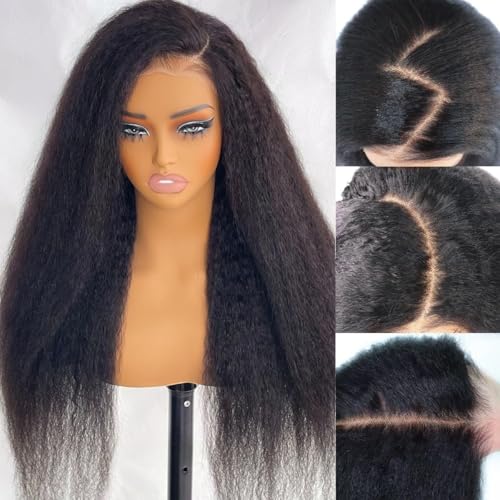 4C Edges Kinky Straight Wig Human Hair 13x6 UHD Lace Frontal Wigs Pre-Cut Pre-Plucked 200% Density Yaki Straight Human Hair Wig Black Pre-Bleached Tiny Knots 18 Inches Chrismas Party Wigs