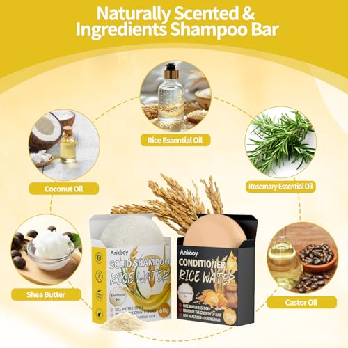 2 Pack Rice Water Bar Shampoo and Conditioner Set, High Protein for Damaged Hair,Hair Growth,Thickening,Anti Hair Loss,Strengthen for Volumizing Smooth,Shine,Organic Shampoo Bar Set