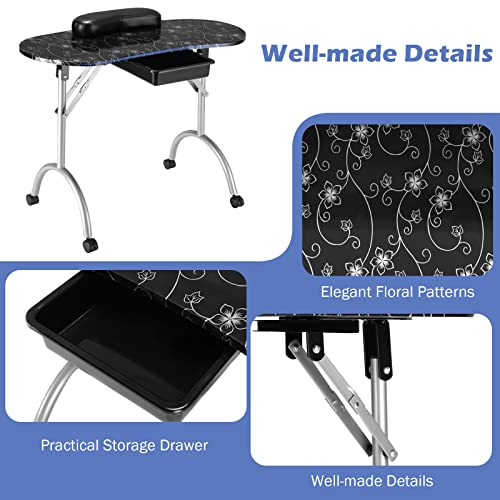 Giantex Portable Manicure Table, Foldable Nail Tech Table with Large Drawer, Wrist Rest, 4 Lockable Casters, Carrying Bag, Nail Salon Table Nail Desk Station for Technician, Black