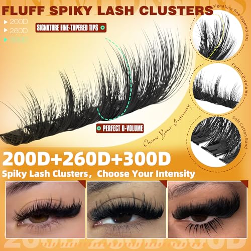 Fluffy Lash Clusters with Spikes 200D+260D+300D Cluster Eyelash Extensions Thick Eyelash Clusters Faux Mink Individual Lashes Full Volume Cluster Lashes 12-20MM Reusable Eyelashes by TNFVLONEINS