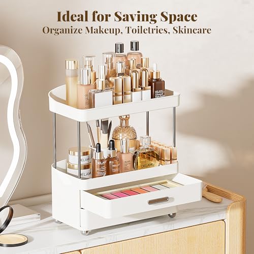 Delamu Bathroom Counter Organizer with Lipstick Holder, 4 Tier 2 Drawers Makeup Organizer, Bathroom Organizers and Storage for Vanity, Office, Perfume, Skincare, White