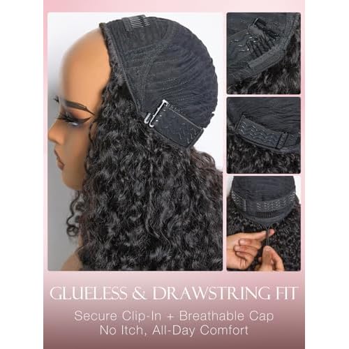 ASHINE Half Wig Human Hair Burmese Curly 180% Density Wear and Go Glueless Wig for Women Flip Over Natural Black 22 Inch with Clips and Drawstring