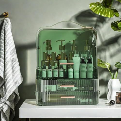 Makeup Organizer, Waterproof & Dustproof Cosmetic Display Cases with 2-Layer and Transparent Cover, Skincare Display Boxes,Makeup Caddy Holder for Vanity Countertop, Bathroom, Dresser, Bedroom, Green