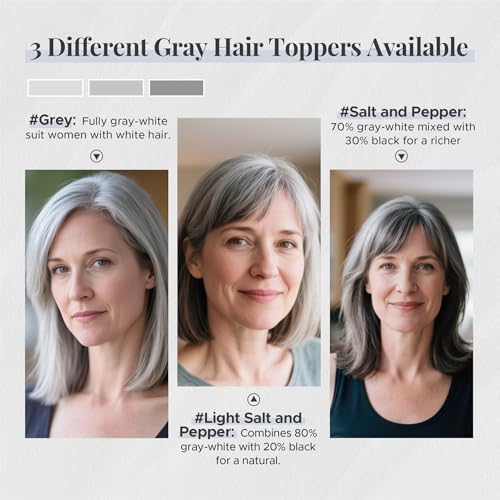 Human Hair Topper for Women with Thinning Hair, 4 Clips, Silk Base 3.94x4.72, No Front Bangs, 14 Inches Lengths, Grey Color, Achieve a Fuller, More Youthful Appearance