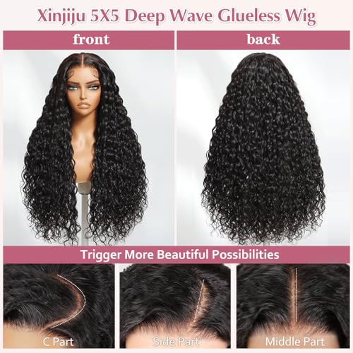 Glueless Wigs Human Hair Pre Plucked Pre Cut 5X5 Deep Wave Lace Front Wigs Human Hair for Women 24 Inch Hd Lace Frontal Natural Hairline Wear and Go 180% Density