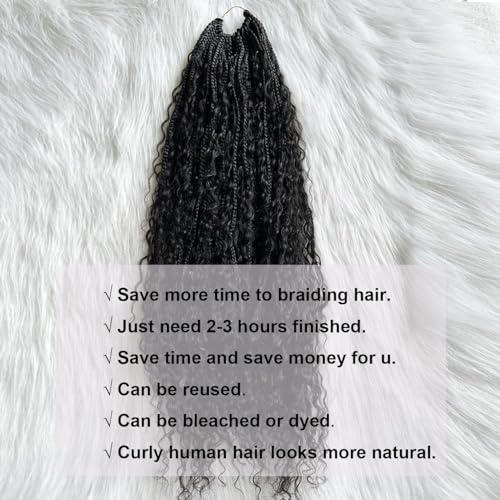 Crochet Boho Box Braids With Human Hair Pre-Looped Synthetic Braiding Goddess Braids Double Drawn Curly Full Ends Hair Extensions For Women Natural Color 2Pack/80 Stands 14Inch