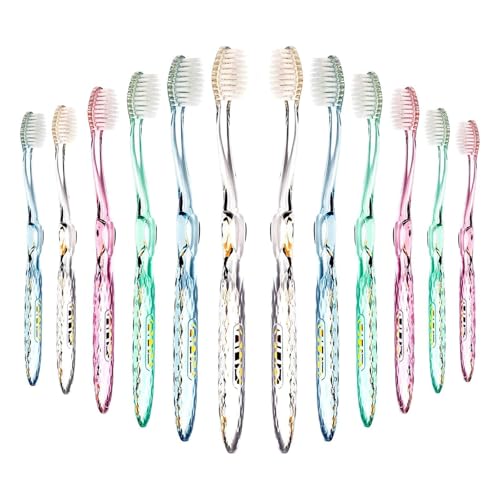 Nano-b Manual Toothbrush Set for Adults with Sensitive Gums, Silver Soft/Medium Bristles, Travel Cases, Blue, Pink, Green, Crystal, 12-Pack