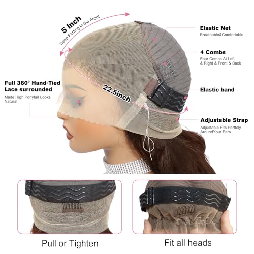 Beluck 20 Inch Chocolate Brown Human Hair Wig 360 Lace Front Wigs Human Hair Pre Plucked With Drawstring Wig 200 Density Body Wave Frontal 360 Full Lace HD Lace Front Wigs Glueless
