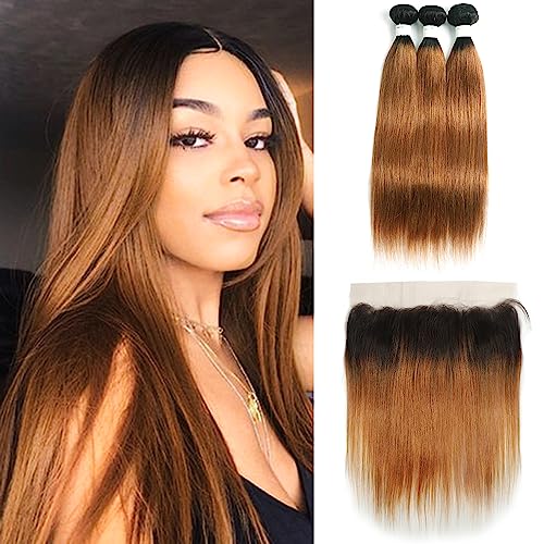 Straight Human Hair Bundles with Frontal Ombre Brown T1B/30 Color Lace Frontal Closure With Bundles (16 18 20+12 Frontal,242g) Remy 100% Human Hair Weave With Frontal for Black Women