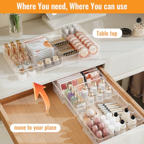 Expandable Drawer Organizer Tray from 11¡± to 19.1¡±, Adjustable Silverware in Drawer Holder, Clear Plastic Drawer Storage with Sliding Dividers for Utensil, Cosmetics, Toiletries, Offices