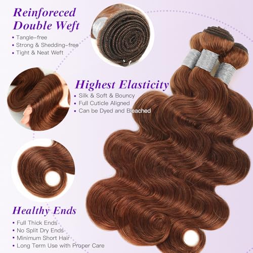 Light Reddish Brown Bundles Human Hair Body Wave 16 18 20 Inch, Color 30 Copper Brown Thick Raw Virgin 3 Bundles 12A 100% Brazilian Human Hair Wavy Loose Wave Quick Sew In Weave #30