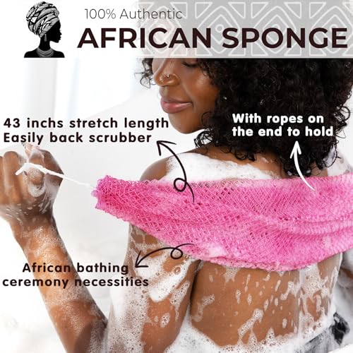 African Exfoliating Net Sponge Authentic - Real African Bath Sponge with Knots and Ropes - Back Scrubber Exfoliator Washer Cloth with Travel Bag - Body Shower Skin Care Essentials for Daily Use