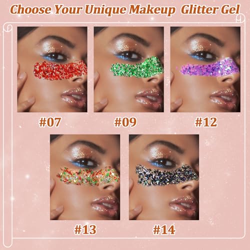 Boko 50ML Body Glitter Gel, Red Green Mardi Gras Chunky Glitter Gel for Face Hair Body Sparkle Makeup, Cosmetic Mermaid Face Glitter Sequins for Mardi Gras Concert Party Event Rave Accessories