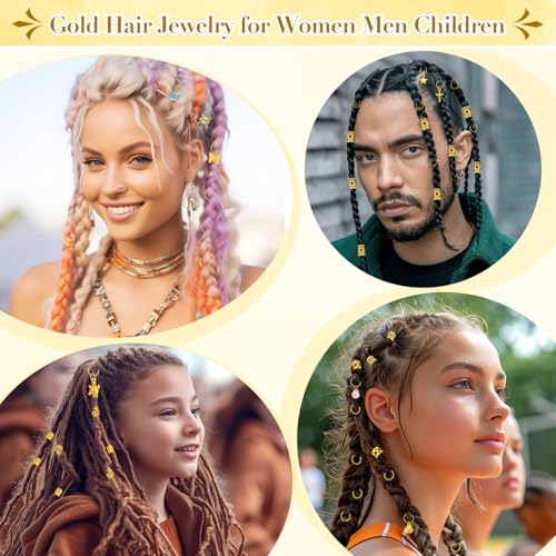255 PCS Gold Hair Jewelry for Braids, 38 Styles Loc Hair Charms for Women Men, Metal Hair Cuffs Rings Clips for Dreadlock Accessories Hair Braids Jewelry Decorations(Gold)