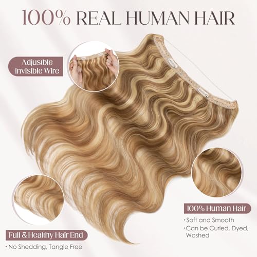Elailite Halo Hair Extensions Real Human Hair for Women Golden Brown & Bleach Blonde Wavy Hair Halo Clip in Remy Hairpiece with Adjustable Invisible Wire 20 Inch 70G