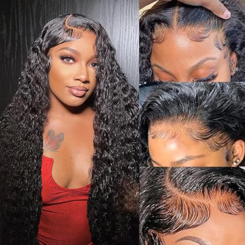 Deep Wave Lace Front Wigs Human Hair 13x6 HD Transparent Deep Curly Lace Frontal Wigs Human Hair 180% Density Glueless Wigs Human Hair pre Plucked Natural Color 32 Inch