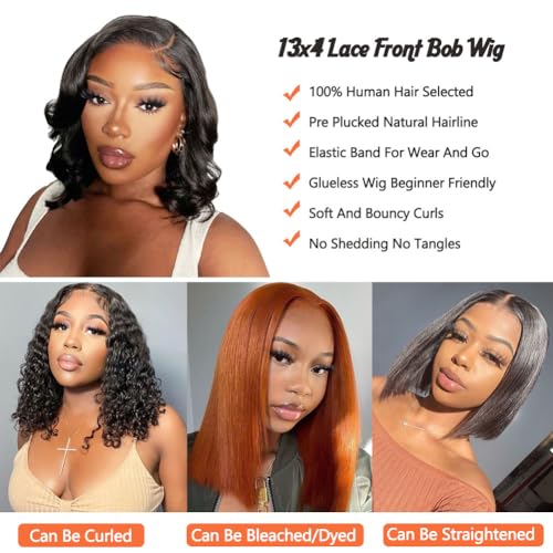 Wavy Bob Wig Human Hair 13x4 Lace Front Wigs Human Hair Pre Plucked Glueless Wigs Human Hair 12 Inch Short Bob Wigs Brazilian Body Loose Wave Wear and Go Human Hair Wig