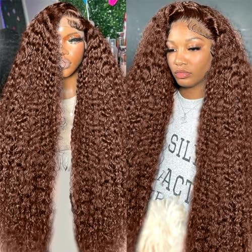 250% Density Mongolian Curly Lace Front Wigs Human Hair 13x6 Auburn Brown HD Transparent Lace Front Wigs Human Hair for Women With Baby Hair Chocolate Deep Curly Lace Frontal Wig