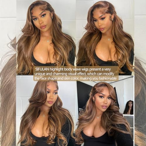 SIFULAN Highlight Ombre 13x4 Lace Front Wig Human Hair 180% Density 4/27 Highlight Wigs Human Hair 32 inch Glueless Wig Honey Blonde Body Wave HD Transparent Lace Front Wig Highlight Colored Wigs