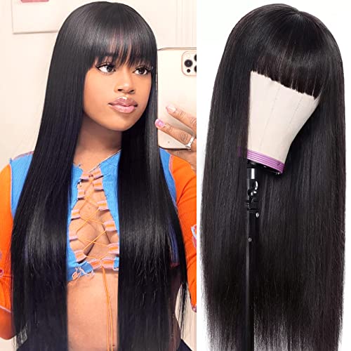 Human Hair Wigs with Bangs Straight Bang Wigs for Black Women Human Hair 150% Density Brazilian Glueless None Lace Front Wig Human Hair Natural Color(26 Inch, Straight)
