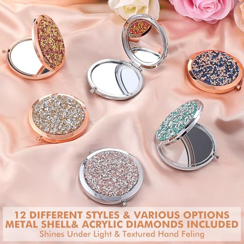12 Pcs Small Compact Folding Pocket Makeup Mirror - Round Hand Held Mirror with 1X/2X Magnification for Women Girls Travel