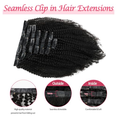Sassina Remy Human Hair Clip in Extensions Afro Seamless Invisible Double Weft Human Hair Extensions Full Head Natural Black Curly 22 Inch 120g PU Clip in Brazilian Virgin Human Hair 7PCS