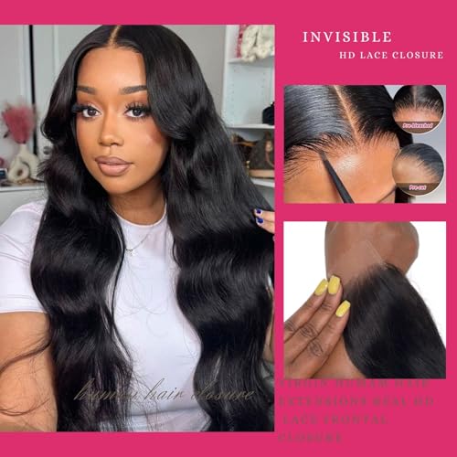 2x6 Hd Lace Closure Human Hair Body Wave Middle part 2 by 6 Invisible Skinlike Frontal Hd Lace Closure 18 Inch Brazilian Virgin Closure Bleached Knot Pre-Plucked Natural Hairline Natural Black 18inch