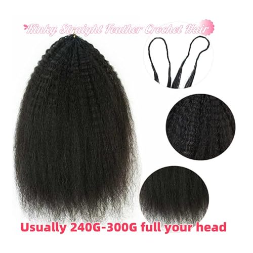 Kinky Straight Feather Crochet Hair Extensions Pre Looped Crochet Human Hair Curly For Black Women Pre Separated Knotless Crochet Hair 20Inch 120g