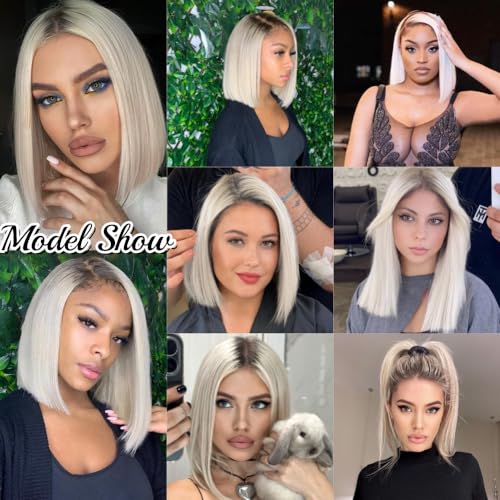Ombre Platinum Blonde Wig Human Hair with Dark Roots 10 Inch Straight Bob Ash Blonde Lace Front Wigs for White Women 13x4 HD Lace Frontal Pre plucked 150% Density